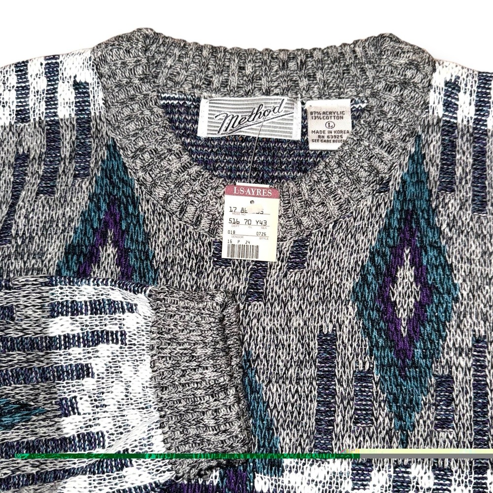 New Vintage METHOD Knit Sweater Large 80s 90s Grandpa Cosby Abstract Pullover‎